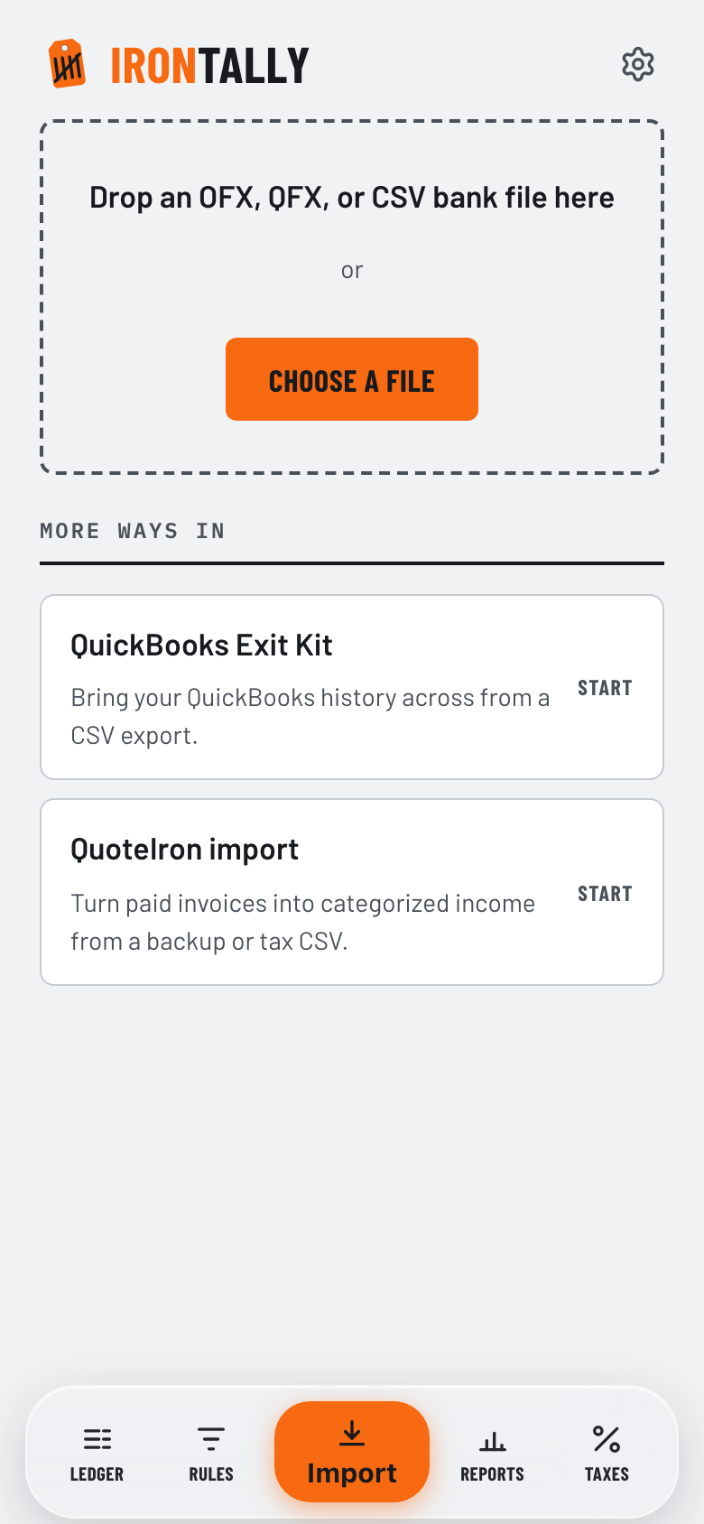 The Import view: a bank-file dropzone for OFX, QFX and CSV, plus two more ways in — the QuickBooks Exit Kit and a QuoteIron import.