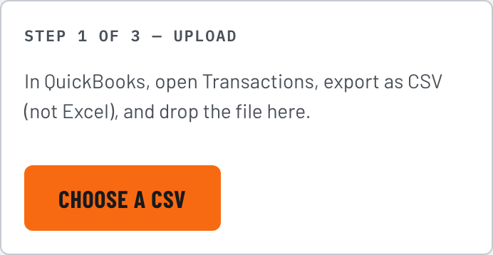 IronTally's QuickBooks Exit Kit wizard, step 1 of 3, upload: a button labeled Choose a CSV.